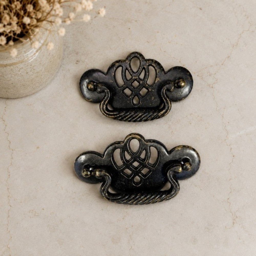 Vintage Style Ornate Batwing Drawer‎ Swing Handles Black Brass Tone Set of 2
